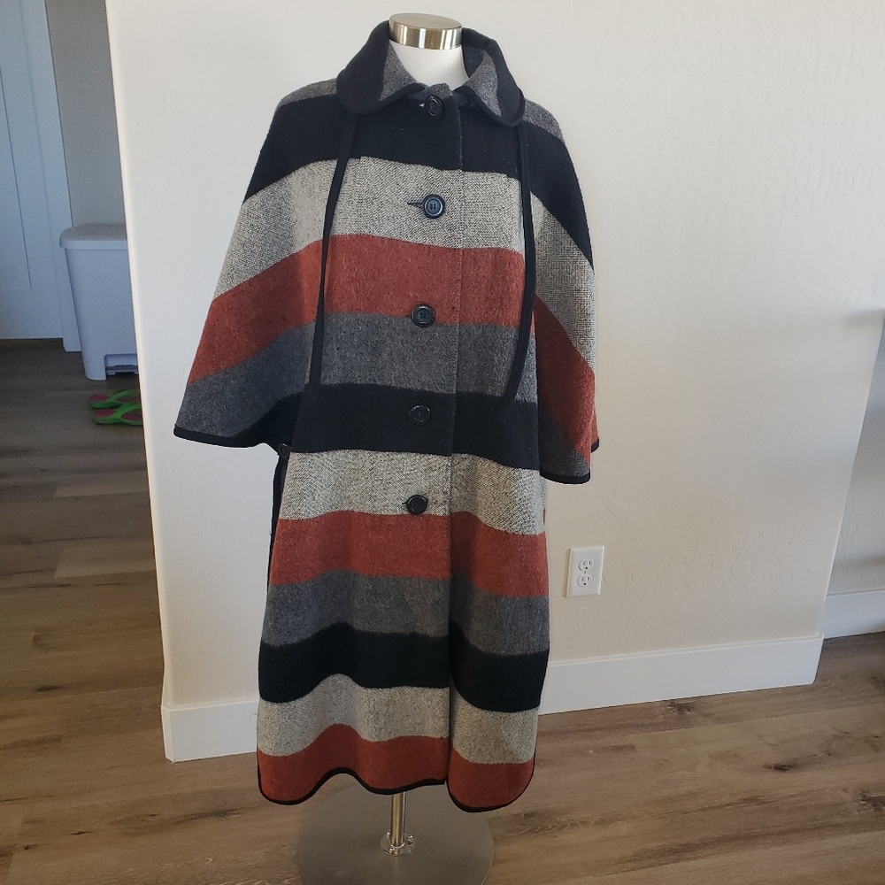 Vintage 1960's Bickler Gray and Rust Wool Blanket Cape Coat Made in England - Picture 9 of 17